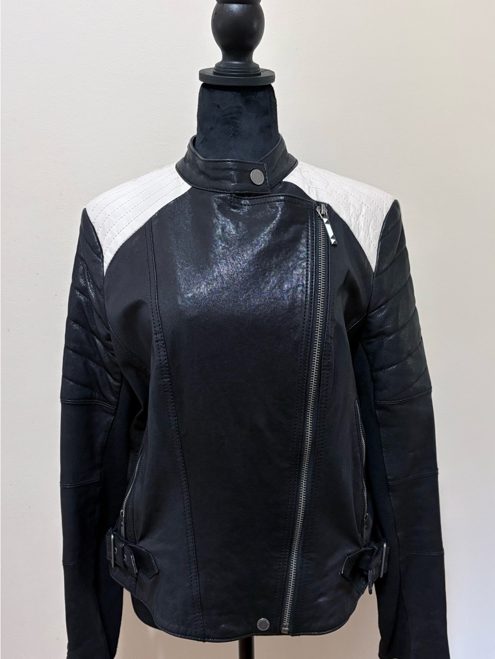 BCBGMaxAzria Black Leather Jacket with White Quilted Shoulders